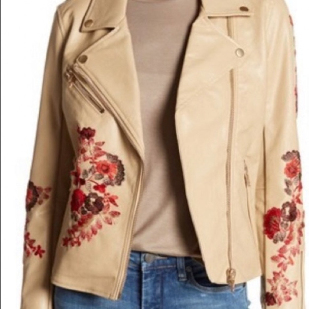 BLANKNYC Floral Embroidery Faux Leather Moto Jacke